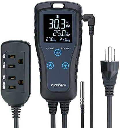 DIGITEN DTC102 Temperature Controller Outlet 2-Stage Plug in Thermostat Digital Greenhouse Thermostat Reptiles Temperature Controller Heating Cooling Mode for Homebrewing Fermentation Space Heater