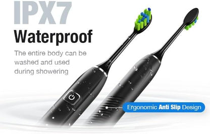7AM2M Ultrasonic Electric Toothbrush with 6 Brush Heads for Adults&Kids, Type C Rechargeable, One Charge for 120 Days, 5 Modes&40000VPM Powered Toothbrush, 2 Minutes Built in Smart Timer (Black)