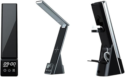 IHAO 6in1 Multifunctional Foldable LED Desk Lamp with Wireless Charger Digital Alarm Clock Eye-Care Lighting 3 Color Modes 15W Qi Charger for Phone/Headphones, Apple Watch Compatible-Black
