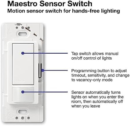 Lutron Maestro Motion Sensor Light Switch Indoor for Bathroom, Garage, Laundry Room, Closet, Occupancy Sensor Light Switch, Single-Pole, No Neutral, MS-OPS5M-BI