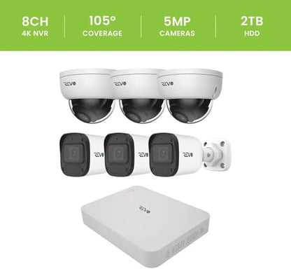 Ultra Blue Series 8CH 4K POE H.265 NVR, 2TB & 6X 5 Megapixel Indoor/Outdoor IR Bullet Cameras – Remote Access Via Pc, Mac & Phone (No Monthly Fees)