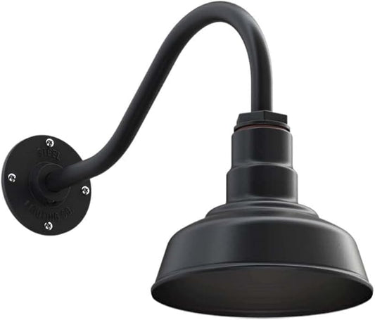 Steel Lighting Co. Hawthorne Barn Light | Outdoor Wall Mounted | 8 inch Dome | 16 inch Gooseneck| Small Farmhouse Light Made in America | Matte Black Exterior/Matte Black Interior