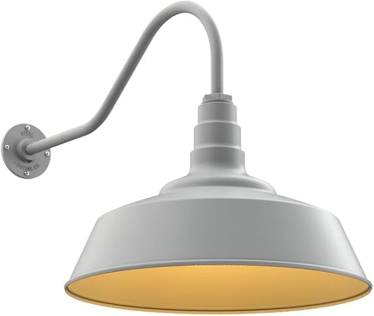 Steel Lighting Co. Large Outdoor Barn Light | Gooseneck Light Fixture | Made in America from 18-Gauge Steel | 20" Dome | 23" Gooseneck Modern Gray Exterior/Brass Interior