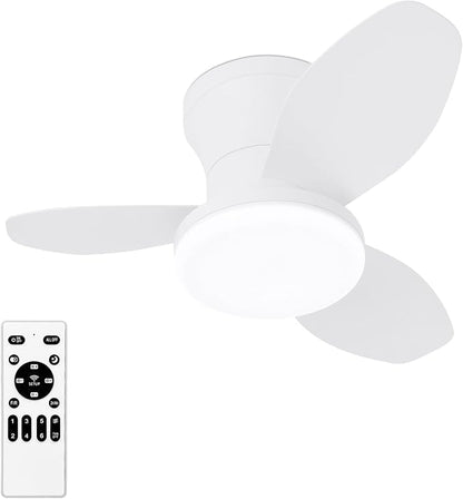 Glowall Small Ceiling Fan with Lights, 25 Inch Flush Mount with Remote Control, Reversible Quiet DC Motor, White, 3 Blades, 6 Speeds, Dimmable LED, Adjustable Color Temperature, Timer