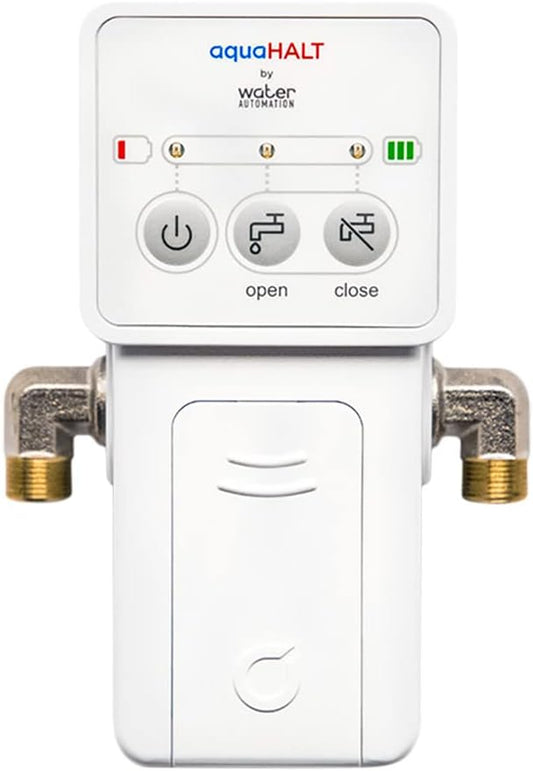 aquaHALT Smart Home Water Toilet Leak Detector Alarm and Automatic Shut Off Valve - Water Sensor Alarm Shut Off Tool - Easy Installation - Battery Operated - Protect Your Home from Water Damage