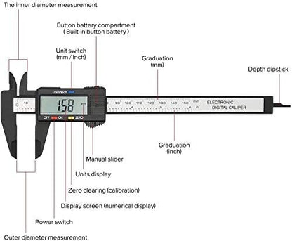 Digital Calipers,Electronic Digital Calipers,YKLSXKC LCD Screen displays 0-6"Caliper Measuring Tool,inch and Millimeter Conversion, Suitable for Jewelry Measurement and 3D Printing