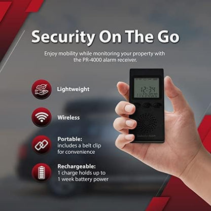 Wireless Driveway Alarm Portable Receiver PR-4000 - Compatible with Dakota Alert 4000 Transmitters | Battery-Powered Monitor Comes with USB Charger & Belt Clip, Driveway Alarms Wireless