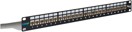ICC 24-Port CAT6A Keystone Shielded 1U Patch Panel with CAT6A Shielded Keystone Jacks, 19” Rackmount Housing and Cable Support Bar, Protects Against EMI, UL Listed PoE++ Compliant, ICMPP246AS