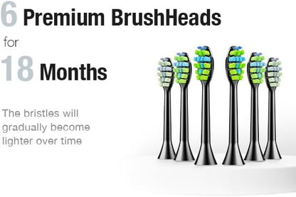 7AM2M Ultrasonic Electric Toothbrush with 6 Brush Heads for Adults&Kids, Type C Rechargeable, One Charge for 120 Days, 5 Modes&40000VPM Powered Toothbrush, 2 Minutes Built in Smart Timer (Black)