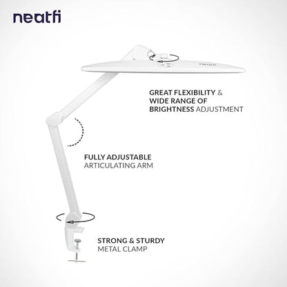 Neatfi Elite HD XL Task Lamp, 1600 Lumens, 84PCS SMD LED, 6500K, Non-Polar Dimming, Desk Light for Home, Office, and Study Room (Non-CCT with Clamp, White, 22 Inches)