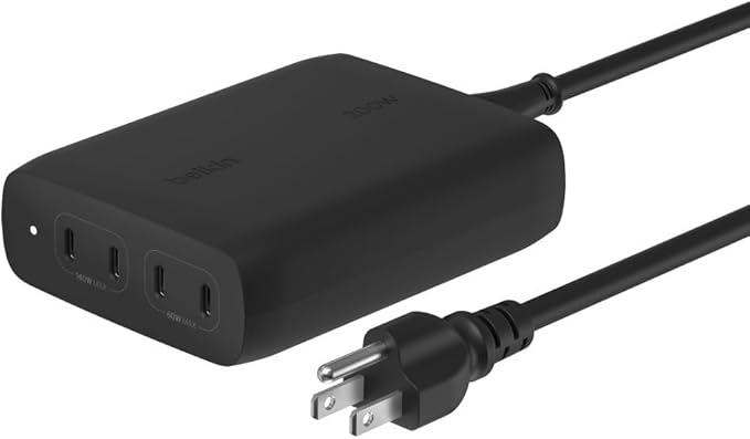 Belkin 4-Port USB C Charger Block, 200W GaN Multi-Port Charger USB-C PD 3.1 Fast Charge + 5ft Power Cord - MacBook, iPhone 16, iPad, Galaxy S25, Google Pixel, Nintendo Switch 2 - Black