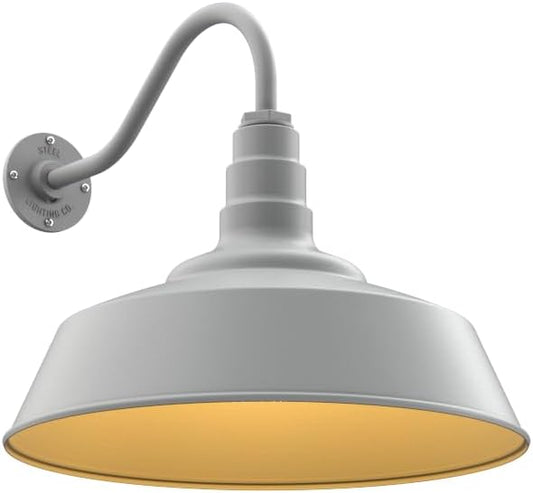 Steel Lighting Co. Large Outdoor Barn Light | Gooseneck Light Fixture | Made in America from 18-Gauge Steel | 20" Dome | 16" Gooseneck Modern Gray Exterior/Brass Interior