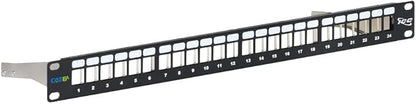 ICC 24-Port Blank Keystone Shielded 1U Patch Panel with 19” Rackmount Housing and Cable Support Bar for Slim Profile Keystone Jacks (Sold Separately), Protects Against EMI, UL Listed, IC107PPS6A