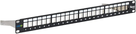 ICC 24-Port Blank Keystone Shielded 1U Patch Panel with 19” Rackmount Housing and Cable Support Bar for Slim Profile Keystone Jacks (Sold Separately), Protects Against EMI, UL Listed, IC107PPS6A