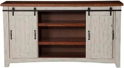 Martin Svensson Home Rustic 65” Solid Wood TV Stand with Storage, White and Aged Distressed Pine