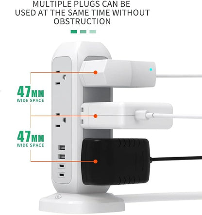 [White Lunar] Power Strip Tower with Surge Protector – 11 AC Outlets, 4 USB Ports (2 USB-A & 2 USB-C), 6ft Heavy-Duty Flat Plug Extension Cord for Home, Office & Dorm Essentials