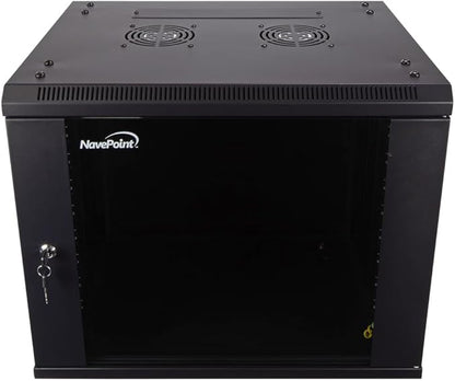 NavePoint 9U Server Cabinet Wall Mount Rack Enclosure Includes 2 Fans, Locking Glass Door, Removable Side Panels – 9U Network Cabinet 17.7” Deep, 19 Inch Server Rack for IT and A/V Equipment