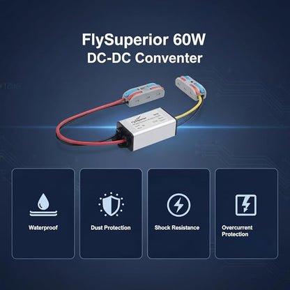 FlySuperior DC 24V/36V to 12V Step Down Converter Reducer Regulator, 5A, 60W Power Adapter, Waterproof Design, Suitable for Cars, Trucks, Vehicles, Boats, Engines, Solar Systems,LED. (DC 18V-40V)