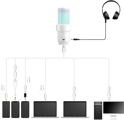 COMICA EJoy Uni A USB Microphone for Computer and Smartphone,RGB Cardioid Condenser Gaming Mic for Podcasting,Streaming,Recording,Music Creation,with Boom Arm Stand-White