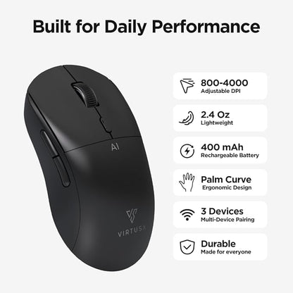 Virtusx Jethro AI Mouse - Voice & Audio Recorder for Lecture & Meeting, Centralized Software with Voice Typing, Writing Tools, Transcribe, Translate & Summarize, Wireless Mouse for Computer, Laptop