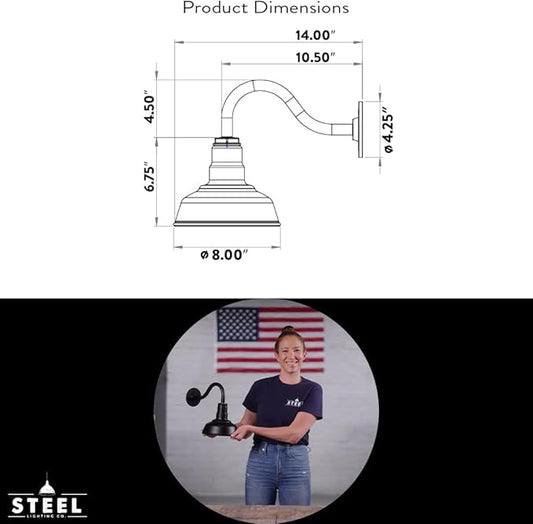 Steel Lighting Co. Hawthorne Barn Light | Outdoor Wall Mounted | 8 inch Dome | 11" Straight Arm | Small Farmhouse Light Made in America | Dark Bronze Exterior/Brass Interior