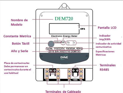 DAE DEM720-2P, 240V Electric kWh Submeter, RS485, 1P2W (2 hot wire), 50A, Internal CT