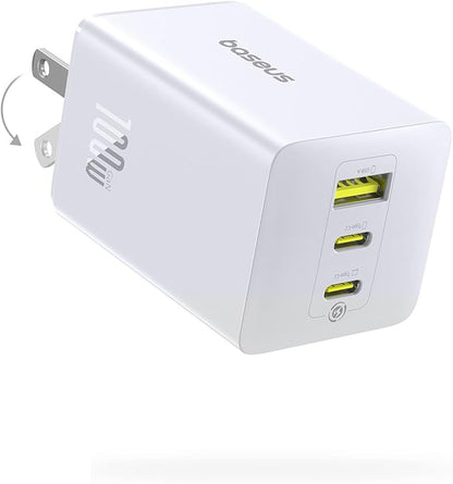 Baseus 100W USB C Charger Block, 3-Port Foldable Compact PPS Wall Charger, Fast Charging Power Adapter for MacBook Pro/Air, iPad, iPhone 17/16, Galaxy S24, Steam Deck & More (White)