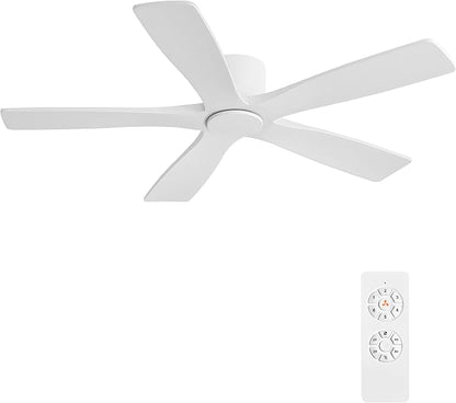 WINGBO 54" Flush Mount DC Ceiling Fans Without Lights, 5 Carved Solid Wood Blades, 6-Speed Reversible DC Motor, Low Profile Hugger Ceiling Fan No Lights for Living Room Bedroom Patio, Gloss White