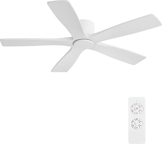 WINGBO 54" Flush Mount DC Ceiling Fans Without Lights, 5 Carved Solid Wood Blades, 6-Speed Reversible DC Motor, Low Profile Hugger Ceiling Fan No Lights for Living Room Bedroom Patio, Gloss White