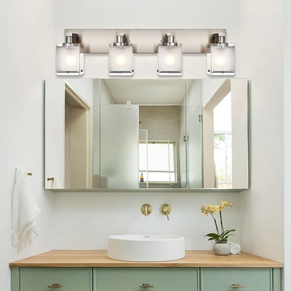 WINSHEN 4-Lights Bathroom Light Fixtures Over Mirror, Brushed Nickel Vanity Wall Mounted Lighting with Frosted Glass for Kitchen Living Room, E26 Bulb Base