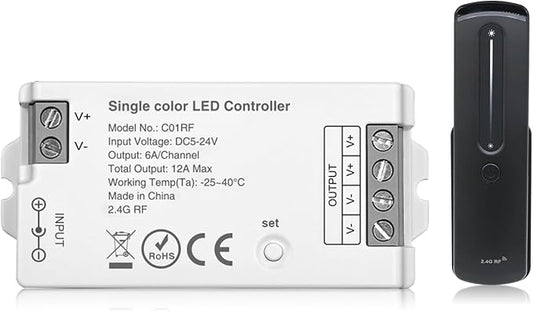 2.4GHz RF Single Color LED Strip Controller Remote Kit, Wireless Remote & Tuya Controller Dimmer with Group Control Adjust Brightness Touch Slide for PWM 2Pin COB LED Strip Light DC5V DC12V DC24V