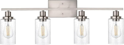 WINSHEN 4-Lights Modern Vanity Light Fixtures for Bathroom Over Mirror, Farmhouse 31-Inches Length Seeded Glass Bath Wall Sconce Lighting in Brushed Nickel