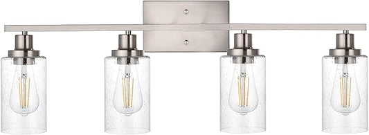 WINSHEN 4-Lights Modern Vanity Light Fixtures for Bathroom Over Mirror, Farmhouse 31-Inches Length Seeded Glass Bath Wall Sconce Lighting in Brushed Nickel