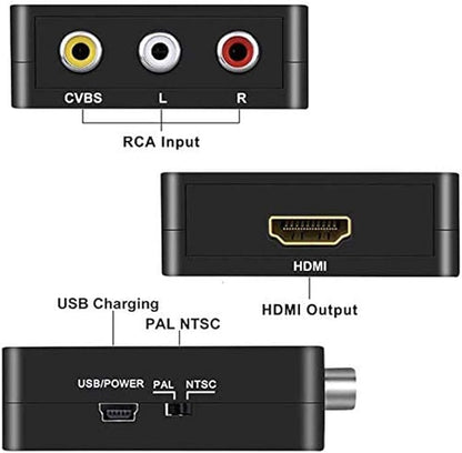 RCA to HDMI, AV to HDMI Converter, GOXMGO 1080P Mini RCA Composite Cvbs AV to HDMI Video Audio Converter Adapter Supporting PAL/Ntsc with USB Charge Cable for PC Laptop Xbox PS4 PS3 TV VCR Camera DVD