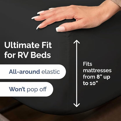 RV Short Queen Sheet Set 60 X 75 - 4 Piece RV Short Queen Bed Sheets - Soft, Breathable and Cooling - Designed for Bunks, Trailers & Campers - Fits 8” to 12" Mattress - Hotel Luxury Bedding - Black