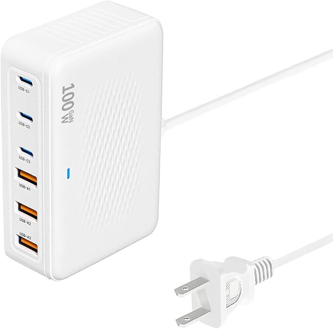 USB C Charger Block 100W Charging Station Hub GaN-III 6 Port Type C Travel Charger for Multiple Devices USB C Power Strip Adapter Plug Cube Brick for iPhone 16 15 14 13 12 Pro Max,iPad,Galaxy,5ft Cord