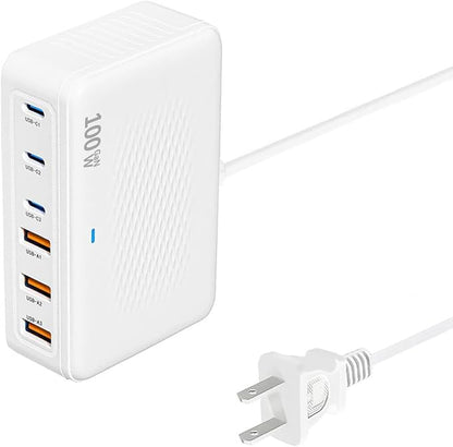 USB C Charger Block 100W Charging Station Hub GaN-III 6 Port Type C Travel Charger for Multiple Devices USB C Power Strip Adapter Plug Cube Brick for iPhone 16 15 14 13 12 Pro Max,iPad,Galaxy,5ft Cord