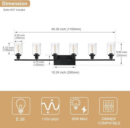 WINSHEN 6-Light Seeded Glass Vanity Light Fixtures in Matte Black Finish, 45.3 Inches Length Modern Bathroom Wall Lighting Over Mirror Wall Mount Lights