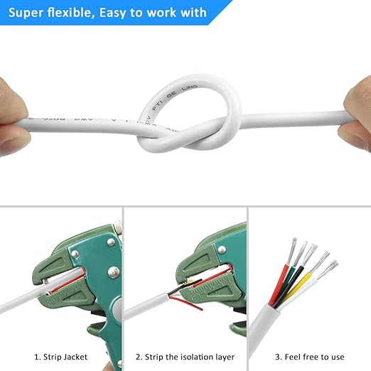 22 Gauge 5 Conductor Stranded Low Voltage 22/5 Wire, 32.8FT White PVC Case, Tinned Copper 5 Wire Extension Power Cable for LED Lamp Lighting, Automotive