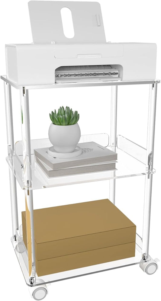 HMYHUM Acrylic Printer Stand, 3 Tier Clear Printer Cart with Lockable Wheels, Multifunctional Printer Table for Office & Home, Modern, 15.7" L x 11.8" W x 24" H