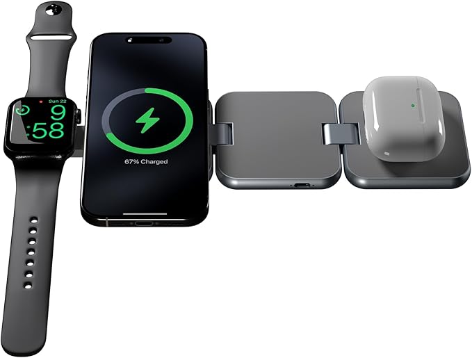 3 in 1 Charging Station for Apple Devices, Magnetic Foldable Wireless Charger, 15W Fast Charging for iPhone 12/13/14/15/16, Watches, and Earbuds, Compact Travel Design, Metal Frame