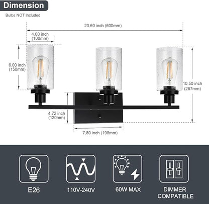 WINSHEN Wall Sconce Lighting 3-Light Matte Black Bathroom Vanity Light Fixtures Farmhouse Wall Lamp with Seeded Glass for Kitchen Living Room Mirror