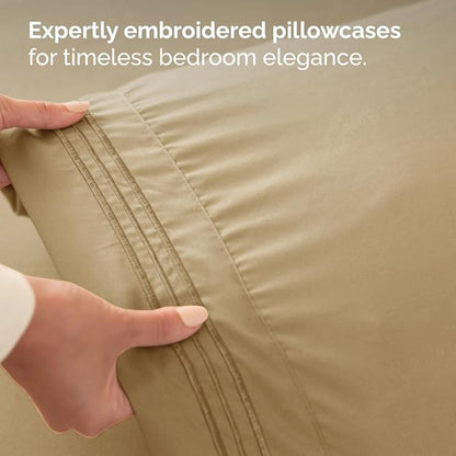 Split Head King Sheet Set – 4 Piece Flex Split Top King Sheets for Adjustable Beds - Fits 14” to 16" Mattress w/ Deep Pockets - Ultra-Soft, Breathable & Cooling - Luxury Bedding & Wrinkle Free - Beige