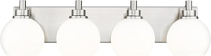 METWET Bathroom Light Fixtures, 4 Light Brushed Nickel Vanity Light, 26 Inch Modern Wall Sconces with Globe Milk White Glass Shade, Vanity Lighting Fixtures Over Mirror, VL195-BN-ML-4