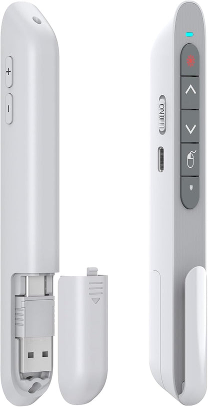 DINOSTRIKE White Presentation Clicker with Air Mouse Control, USB Type C Wireless Presenter Remote Clicker for Powerpoints Slide RF 2.4GZ Slide Advancer for Computer Laptop Mac