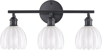 Shenmoyl Bathroom Light Fixtures, 3-Light Black Vanity Wall Light Over Mirror with White Tulip Glass Shade for Bedroom Living Room (Bulb Not Included)