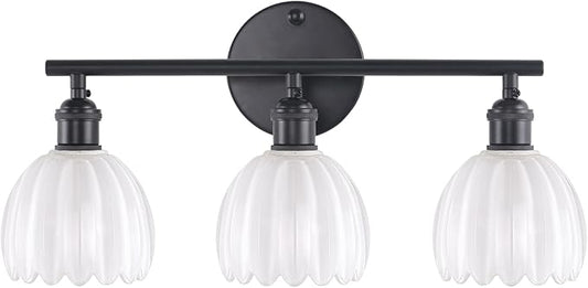 Shenmoyl Bathroom Light Fixtures, 3-Light Black Vanity Wall Light Over Mirror with White Tulip Glass Shade for Bedroom Living Room (Bulb Not Included)