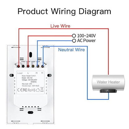 MOES Smart Water Heater Switch, 20A Water Heater Touch Switch Suitable for Bedroom, Work with Alexa, Google Assistant, 2.4GHz WiFi Glass Switch with Smart Life APP Control and Timing Function, White