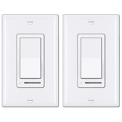 BESTTEN 2 Pack Dimmer Light Switch, Universal Lighting Control, Single Pole or 3 Way, Compatible with LED Dimmable Lamp, CFL, Incandescent, Halogen Bulb, Decorator Wallplate Included, UL Listed, White