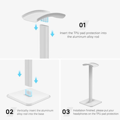 JIKIOU Headphone Stand Gaming Headset Holder Universal Aluminum Metal Headphones Holder Hanger with Aluminum Supporting Bar Flexible Headrest ABS Solid Base for All Headphone 2 Pack (White)